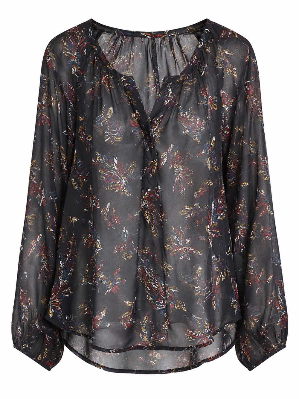 Patterson J Kincard Medium Sheer Feather Print Flowy Long Sleeve Blouse